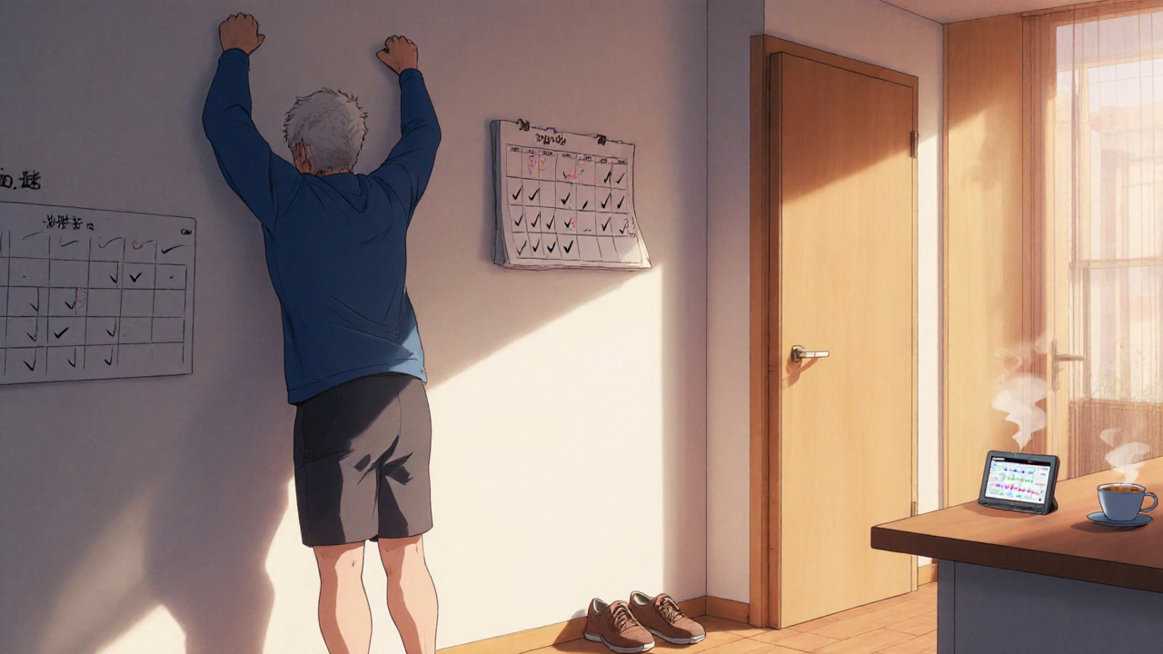 Homme faisant des pompes contre un mur, avec un écran affichant ses données cardiaques en temps réel.