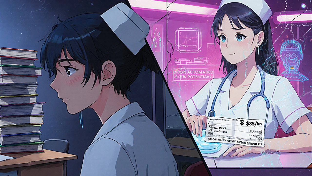 Infirmière en larmes regardant son salaire élevé tandis qu&#039;une étudiante est rejetée de la formation.