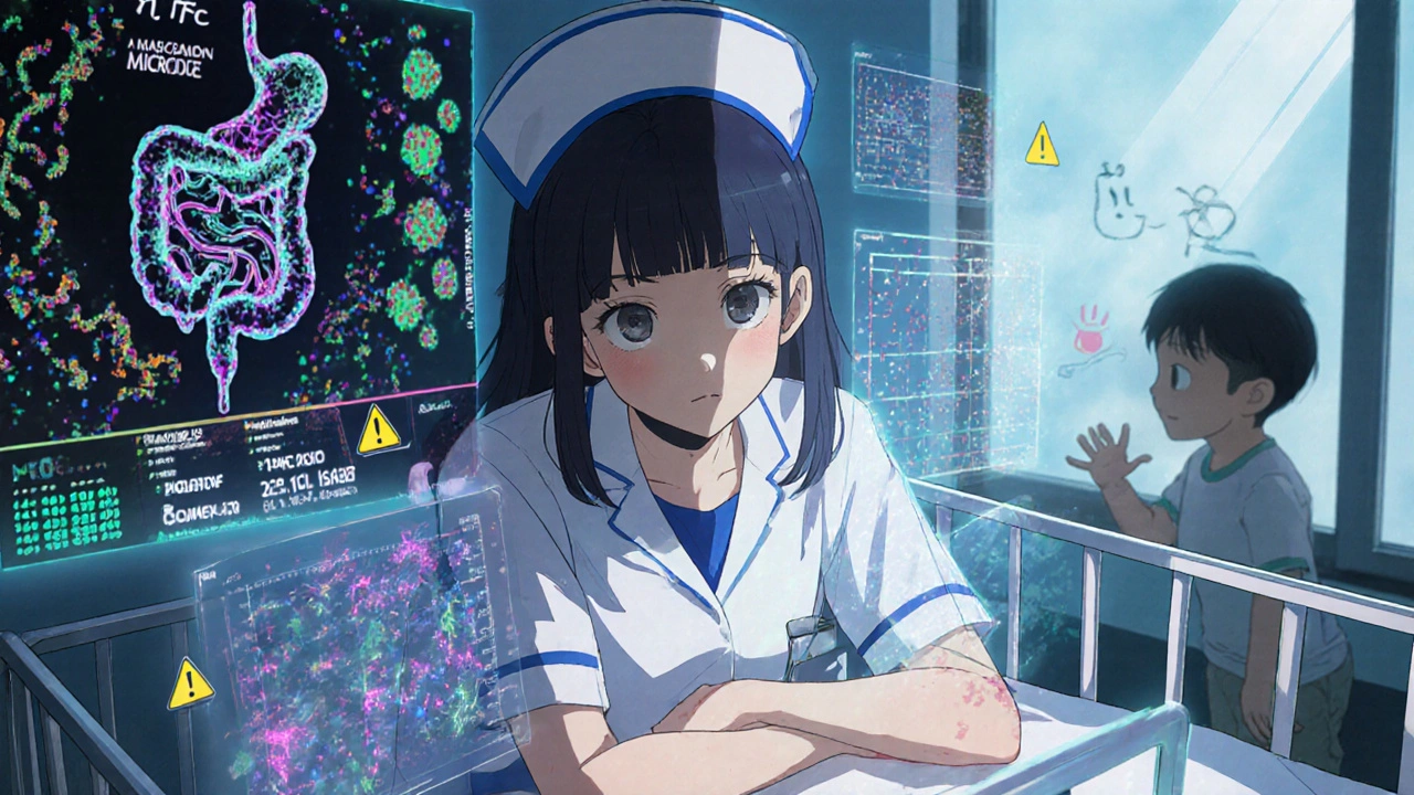 Infirmière en néonatalogie observant des données holographiques sur le microbiote et les risques médicamenteux.