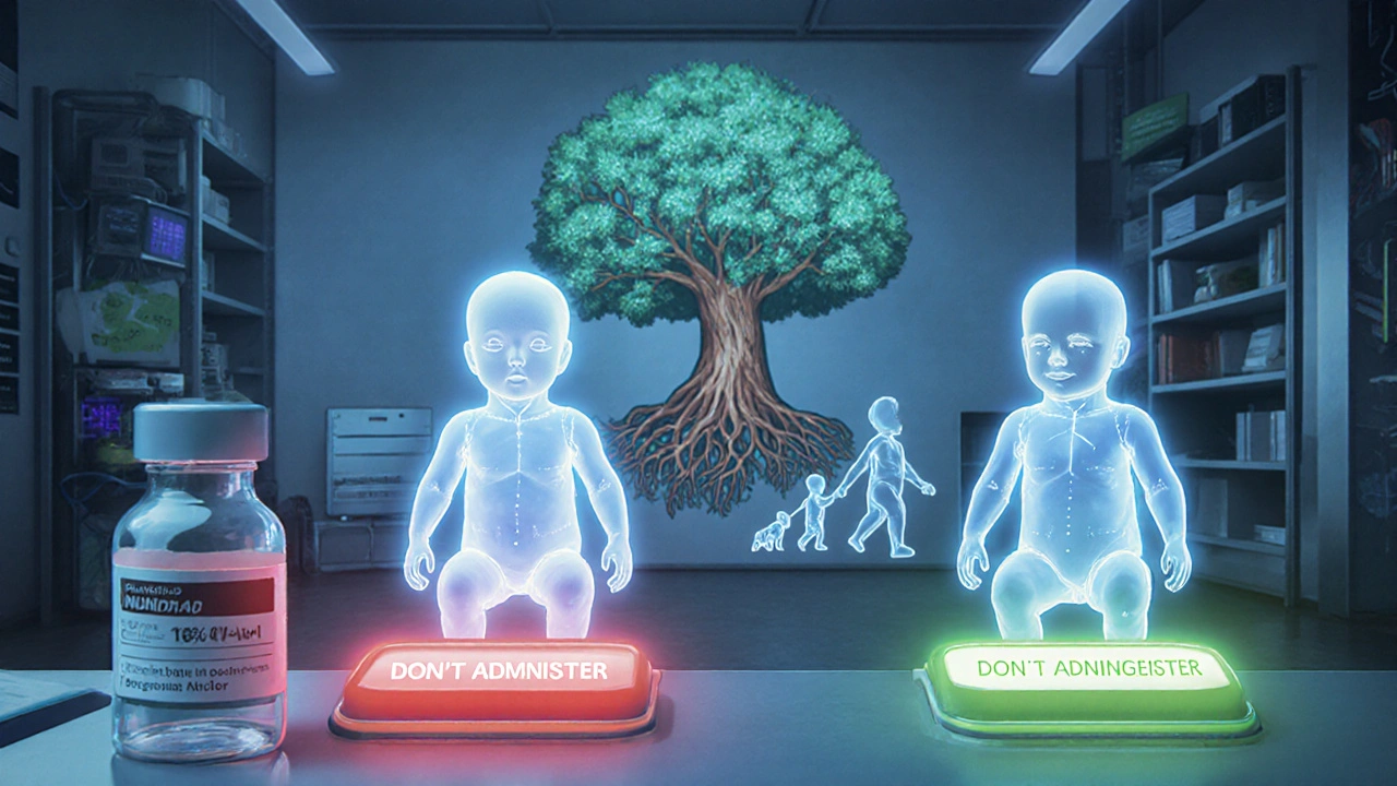 Laboratoire de pharmacologie précise avec modèles 3D de bébés prématurés et un bouton &#039;Observer&#039; en évidence.