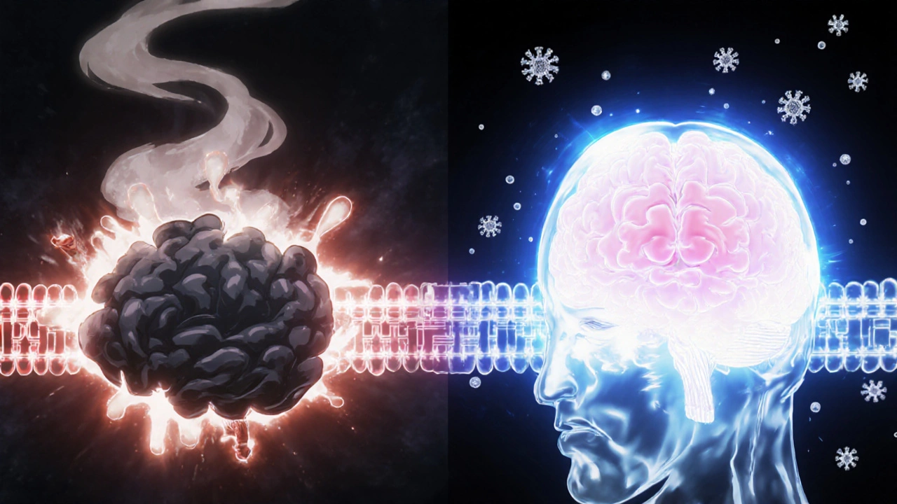 Molécule de diphenhydramine traversant la barrière hémato-encéphalique, contrastée avec une autre qui la bloque.