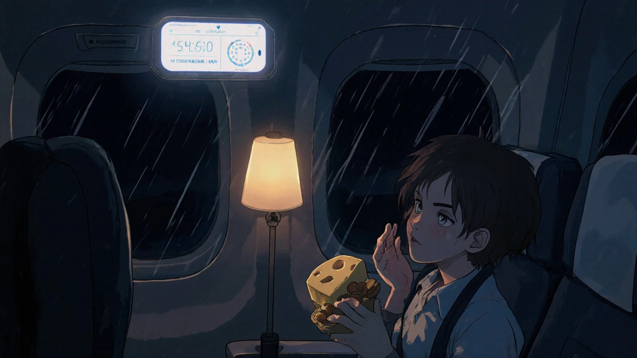 Passager dans un avion prenant des comprimés avec une collation riche en graisses sous une lumière chaude.