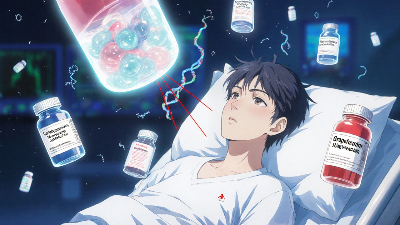 Patient en hôpital entouré de médicaments toxiques en interaction avec la cyclosporine.