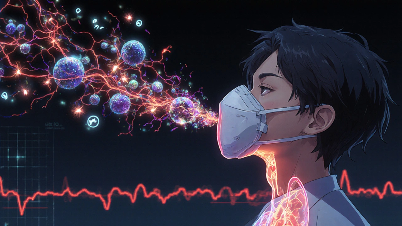 Patient retenant sa respiration pendant un test DLCO, avec des échanges gazeux lumineux dans les poumons.