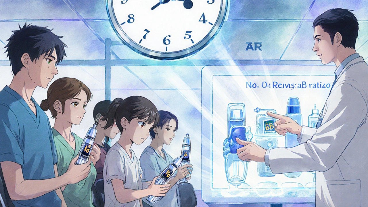 Patients dans une salle d&#039;attente avec des dispositifs variés, un horloge symbolique au-dessus d&#039;eux.