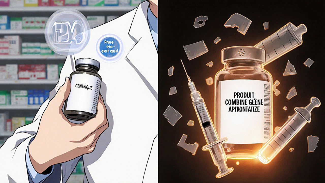 Pharmacien tenant un médicament simple à côté d&#039;un dispositif combiné approuvé par la FDA.