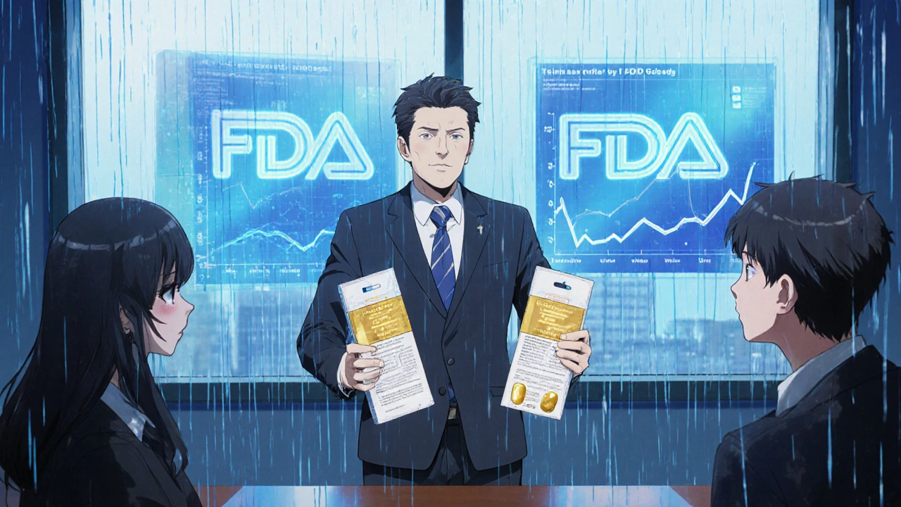 Salle de réunion avec des dirigeants regardant un tableau de données montrant la chute des ventes de la marque et la montée de sa propre version générique.