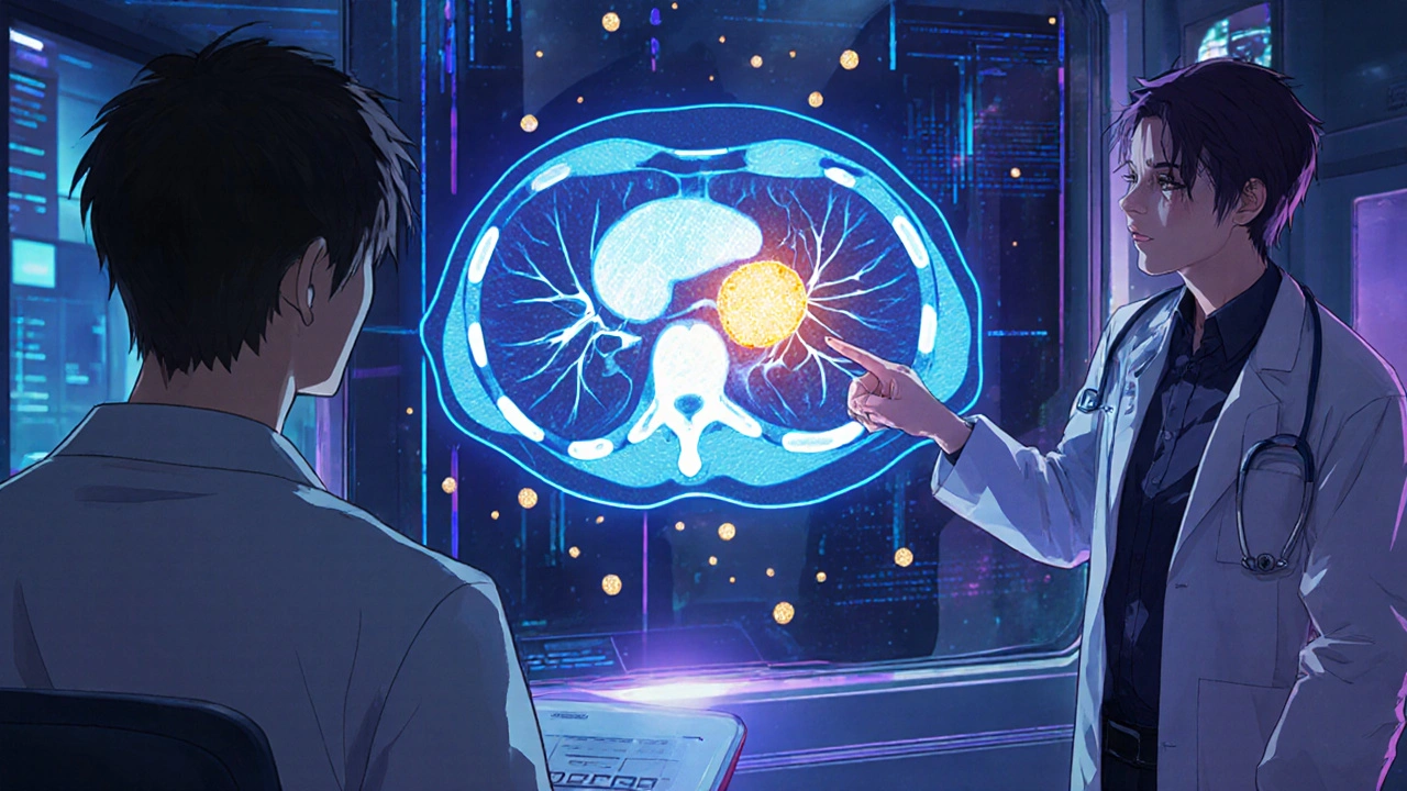 Scanne 3D d&#039;une tumeur surrénale en cours de diagnostic avec des particules lumineuses.