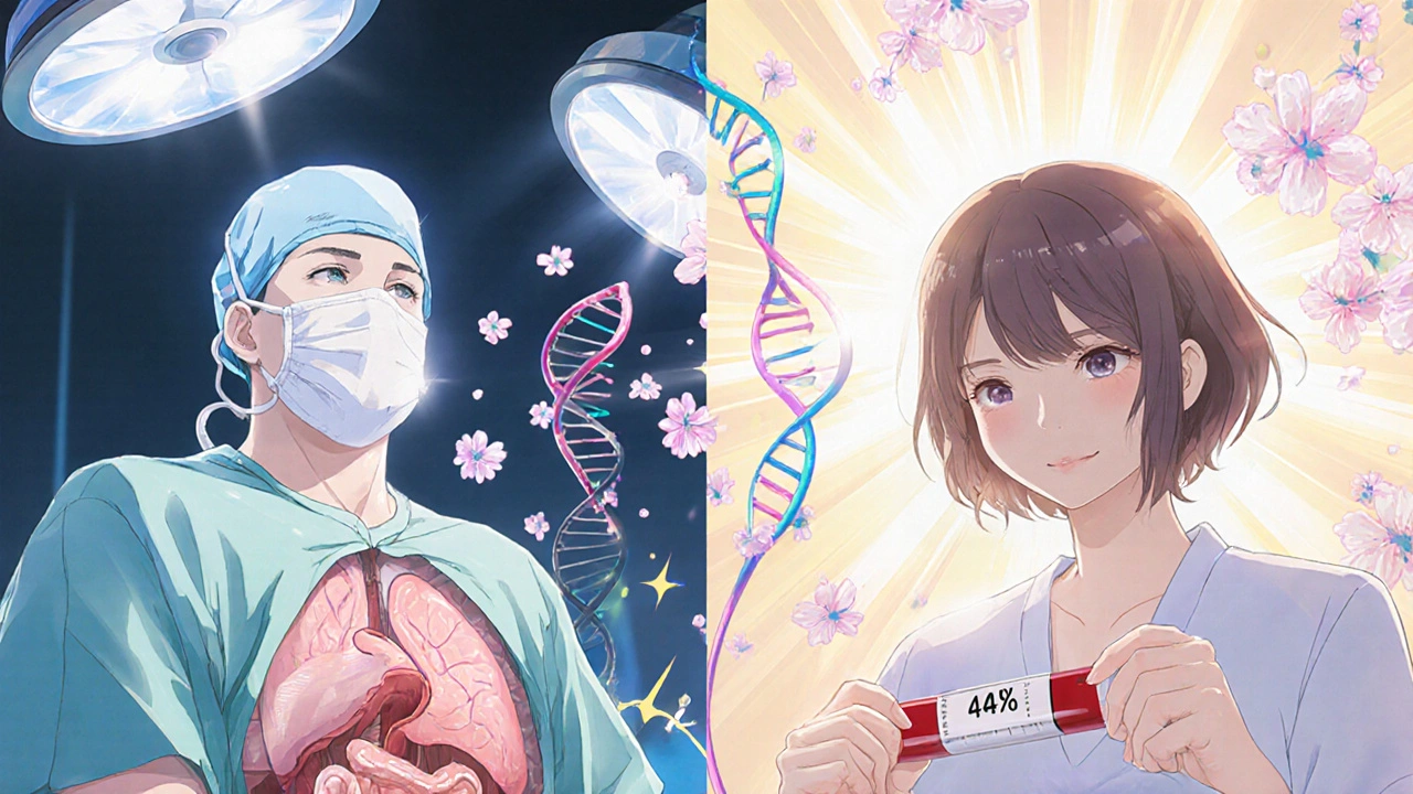 Scène divisée montrant une chirurgie du pancréas et le même patient cinq ans plus tard, entouré de symboles de guérison.