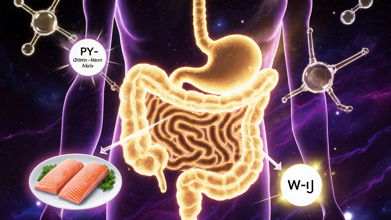 Système digestif animé avec des hormones de satiété en lumière dorée et la faim en ombre, entouré de sources de protéines.