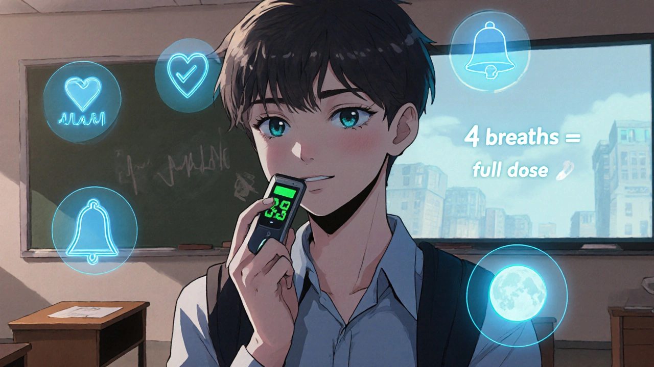 Un adolescent utilise un espacer en forme de stylo avec un indicateur numérique vert, entouré d’icônes holographiques.