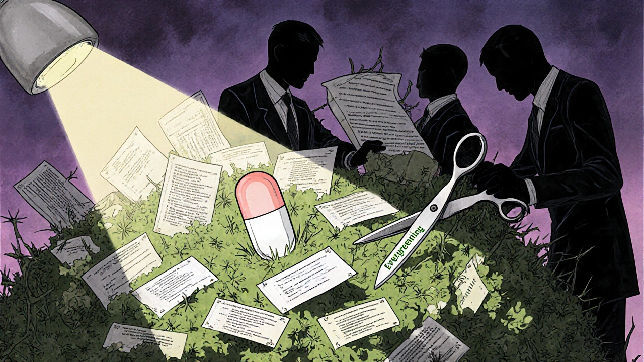 Un buisson de brevets entrave un générique qui tente de s&#039;échapper, symbolisant les obstacles juridiques à l&#039;accès aux médicaments.