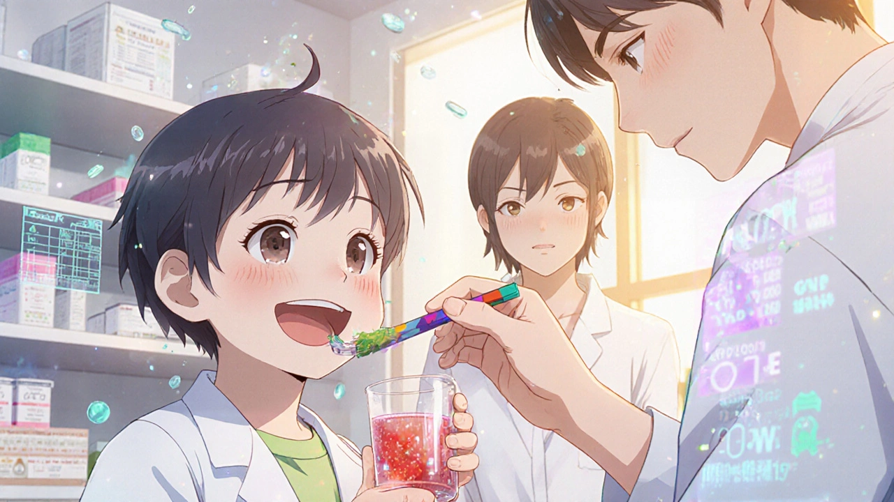 Un enfant boit un médicament liquide aromatisé à la fraise préparé sur mesure par un pharmacien.