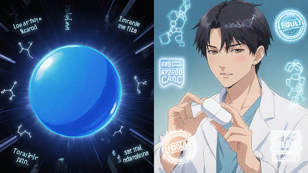 Un patient passe d’une pilule bleue marquée à une pilule blanche, entouré de mythes dissipés.