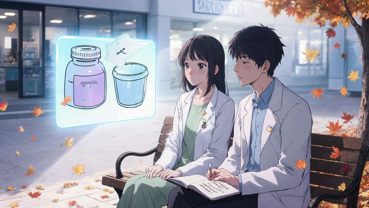 Un pharmacien et un patient regardent ensemble une vidéo animée expliquant l’équivalence des médicaments.