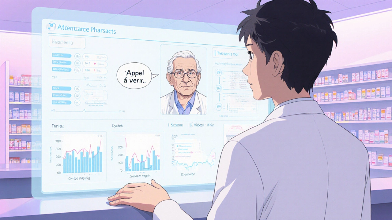 Un pharmacien observe des données d&#039;adhésion en temps réel sur un écran holographique.