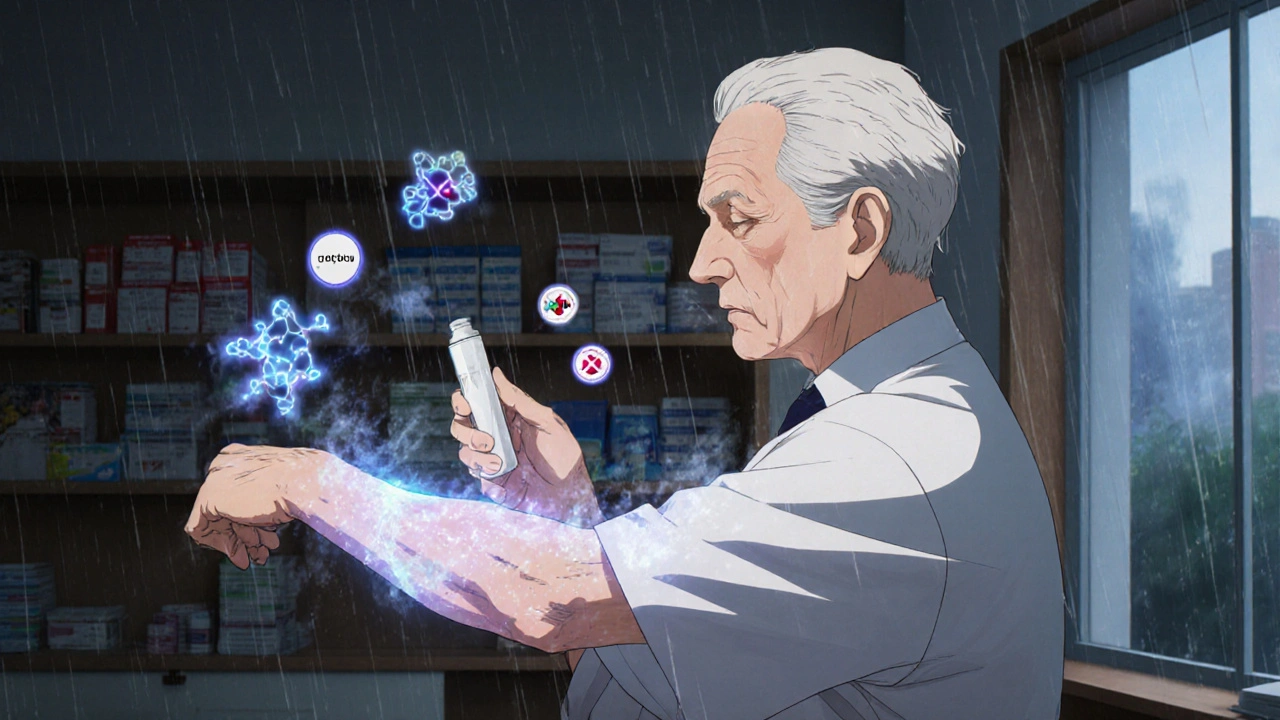 Une personne âgée applique une crème transdermique personnalisée, avec des symboles d&#039;allergènes qui disparaissent.