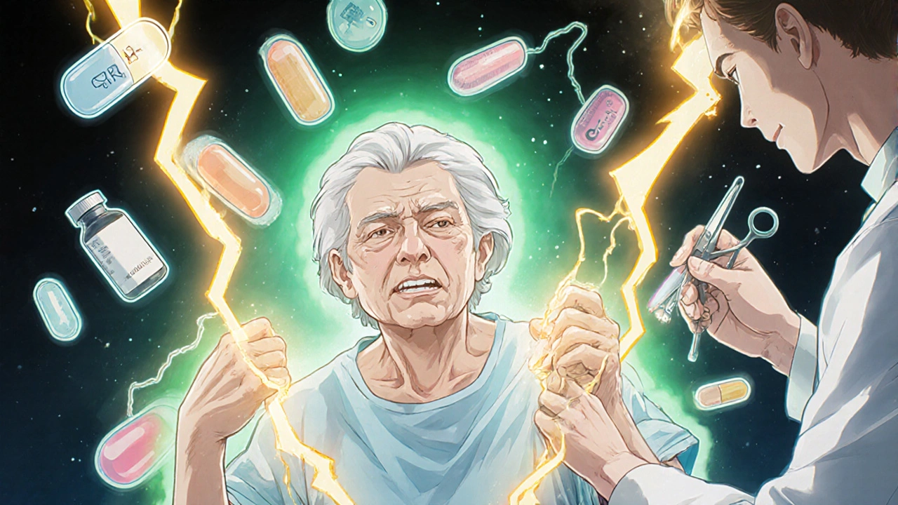 Urgence médicale avec une patiente en convulsions, entourée de médicaments, tandis qu&#039;un médecin administre un traitement salvateur.