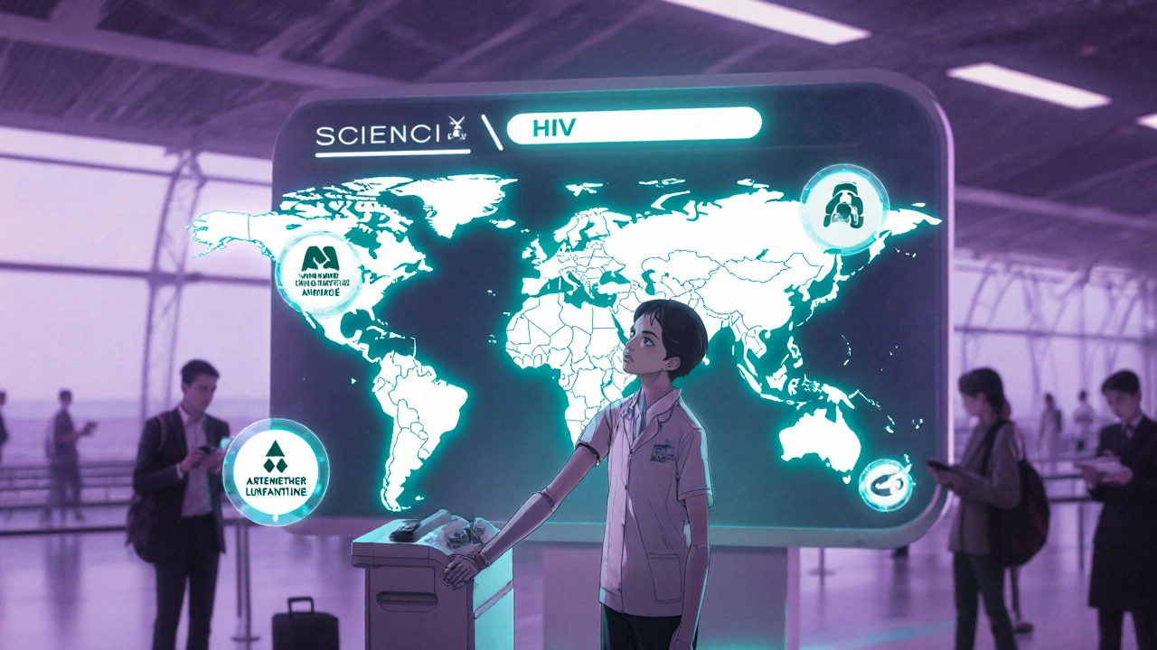 Voyageur recevant une injection longue durée pour le VIH dans un kiosque médical futuriste à l&#039;aéroport.