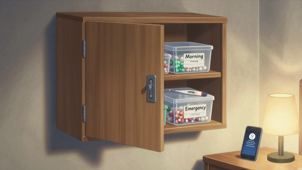 Armoire verrouillée haute sur un mur de chambre, contenant des boîtes organisées de médicaments sous une lumière douce.