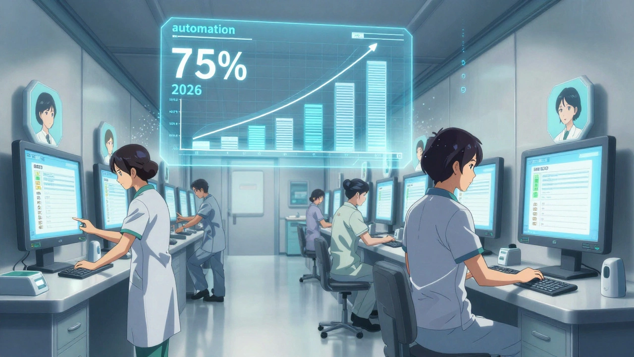 Assistants médicaux utilisant des terminaux numériques avec des IA qui approuvent automatiquement les génériques.