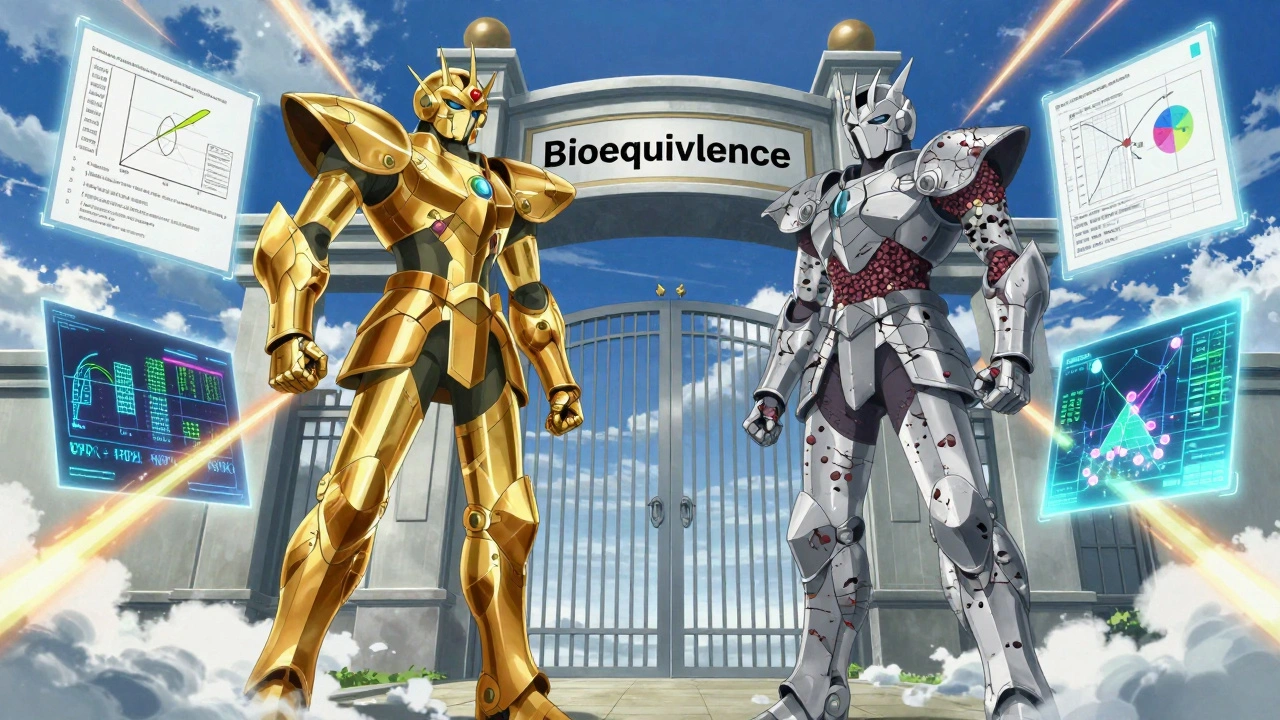 Bataille symbolique entre un médicament de marque et un générique devant une porte réglementaire.