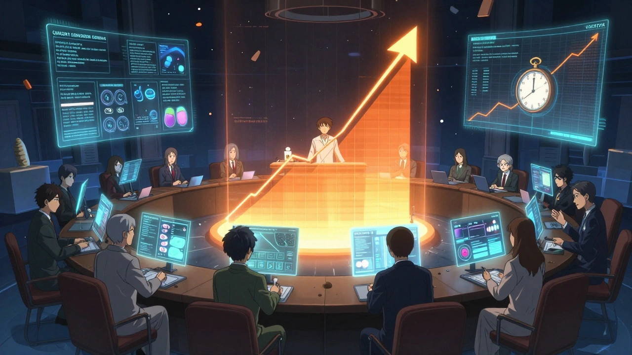 Comité PBAC en délibération dans un espace flottant avec graphiques de coût-efficacité et profils médicaux holographiques.