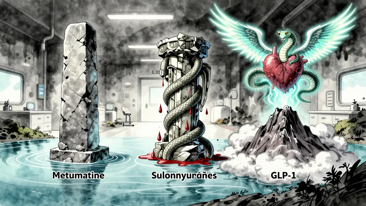 Comparaison visuelle en style manga : pilier, statue effondrée et serpent lumineux représentant trois médicaments du diabète.