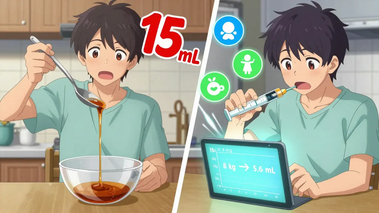 Comparaison visuelle entre une cuillère de cuisine dangereuse et une seringue médicale précise.