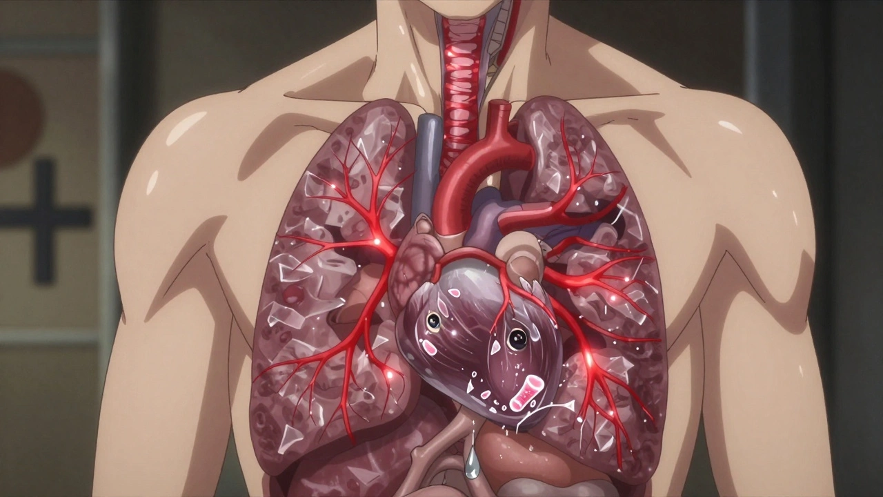 Coupe transversale du corps montrant la fibrose qui envahit les organes internes.