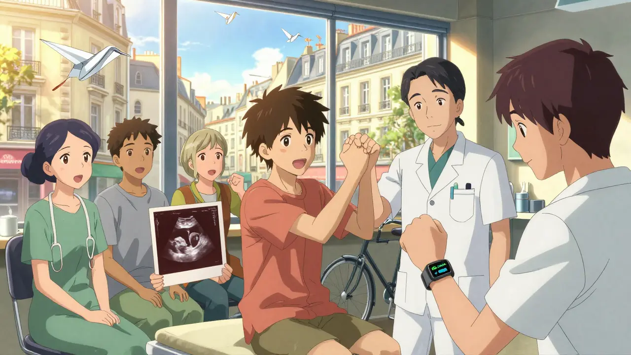 Des patients dans une clinique avec des écrans médicaux et des exercices, sous une lumière dorée en ville française.