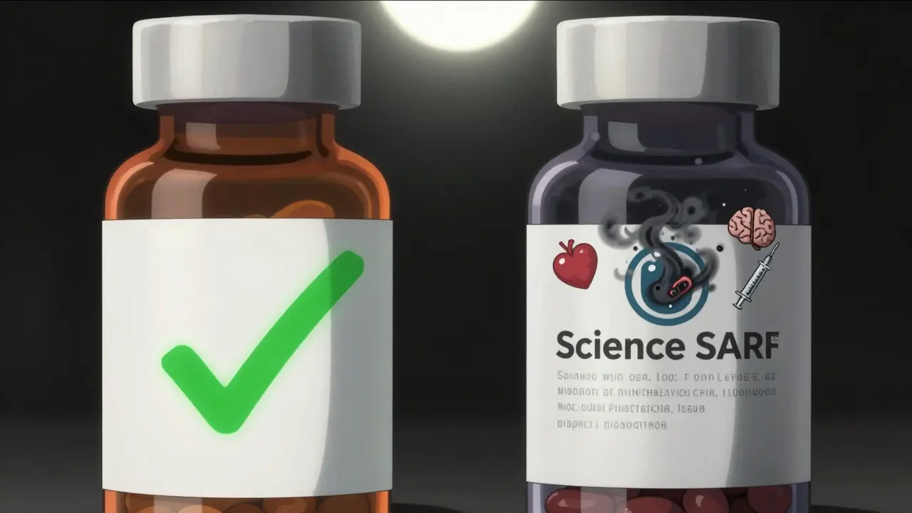 Deux bouteilles de pilules côte à côte : l'une légitime, l'autre contenant des substances toxiques en forme de fumée noire.