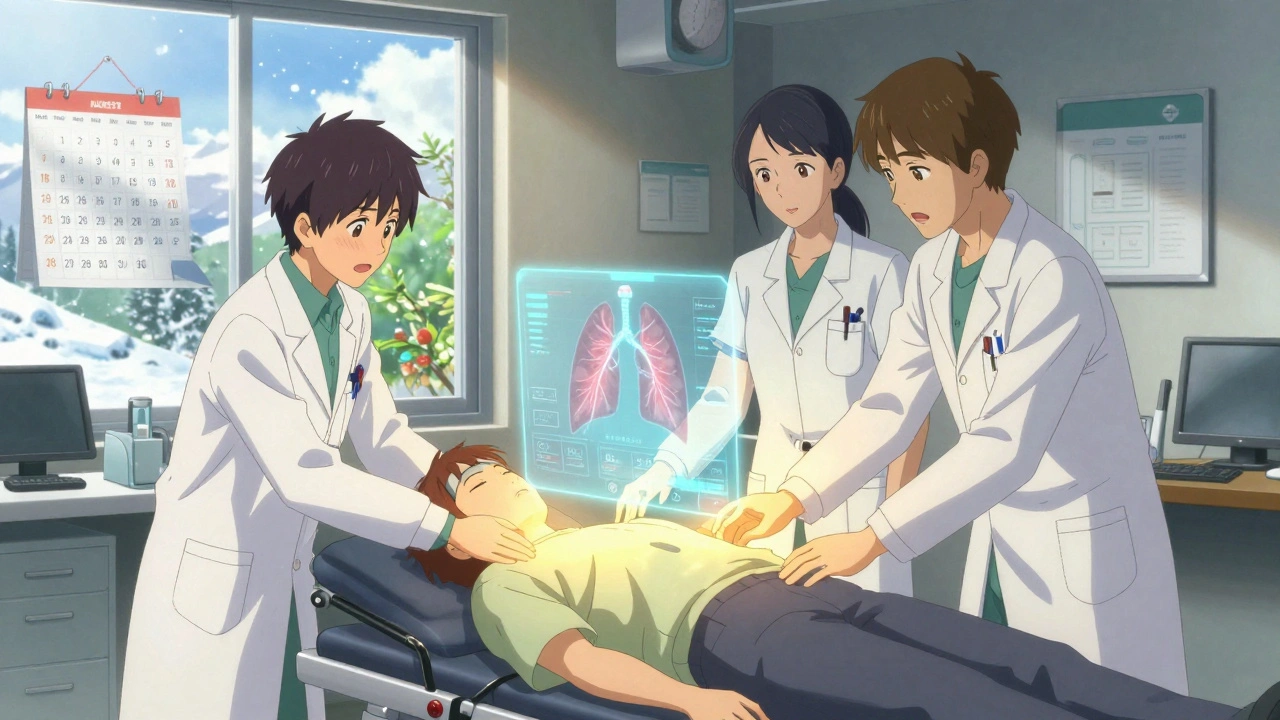 Équipe médicale aidant un patient à faire de la réhabilitation avec des écrans holographiques.