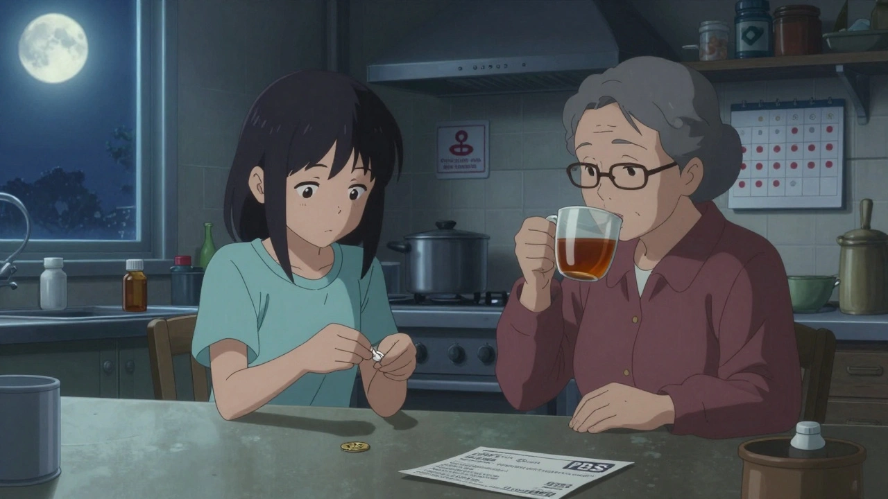Famille dans une cuisine à Melbourne, jeune fille compte ses médicaments sous la lumière de la lune, pièce simple et émotionnelle.