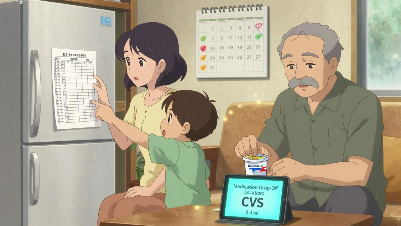 Famille rangant des médicaments, une liste affichée au réfrigérateur, un contenant DisposeRX en main.