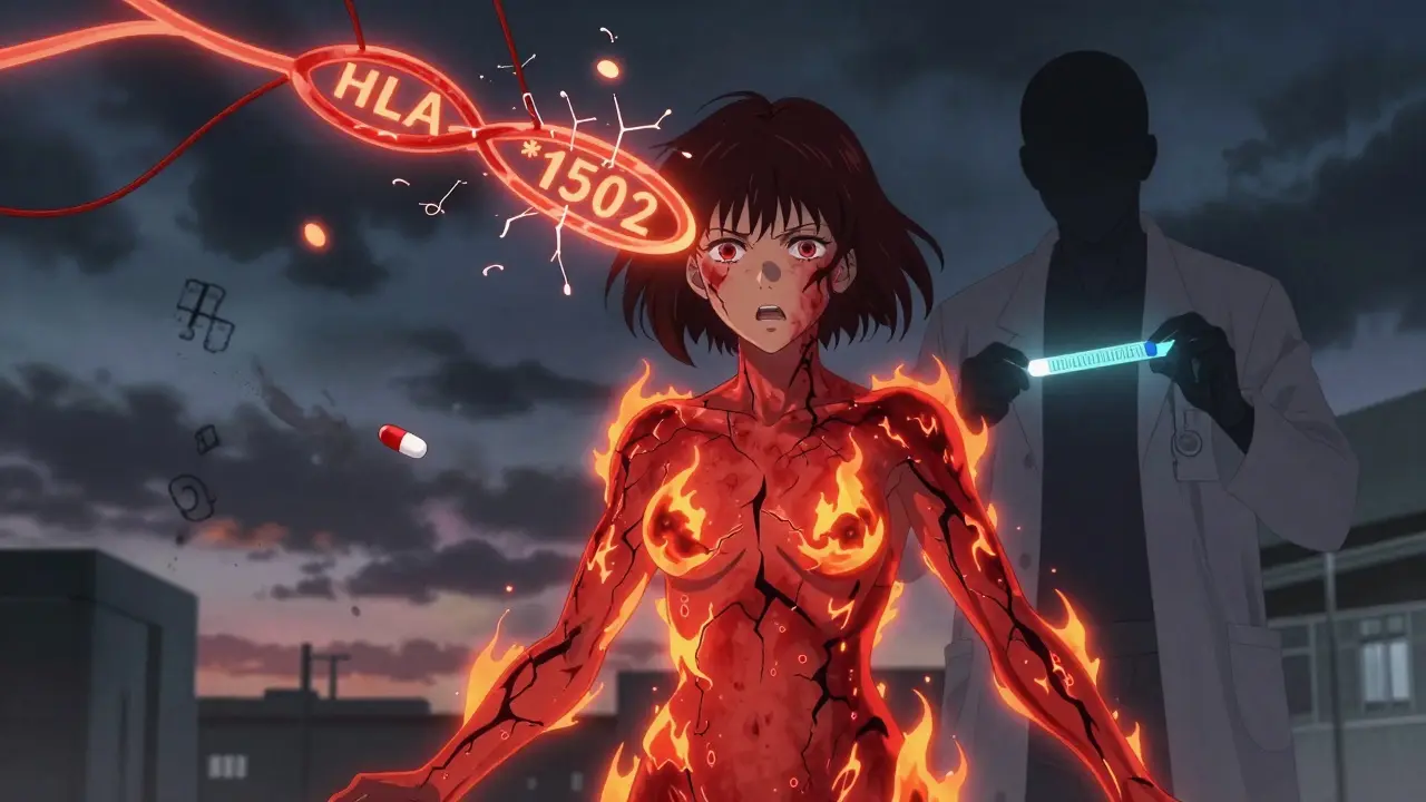 Femme avec éruption cutanée fulgurante, gènes HLA-B*1502 qui se brisent en l'air.