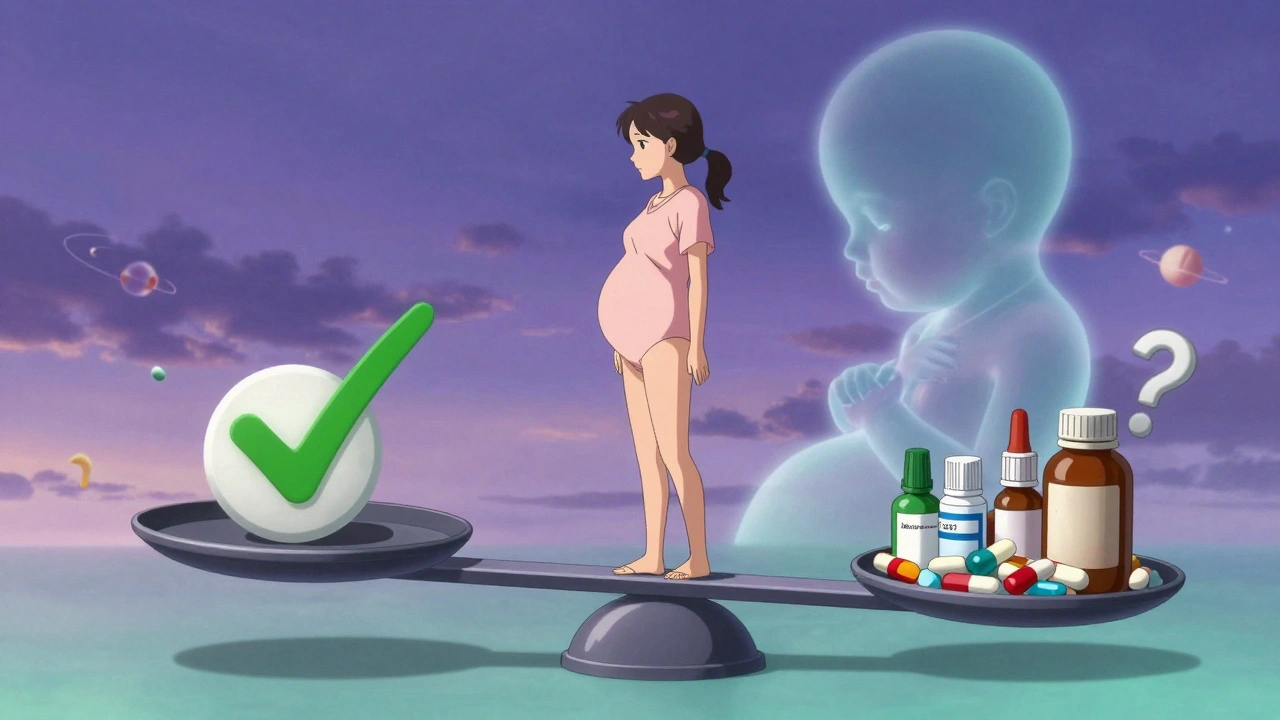 Femme enceinte sur une balance équilibrant un seul comprimé contre une montagne de médicaments dangereux, avec un fœtus transparent observant.