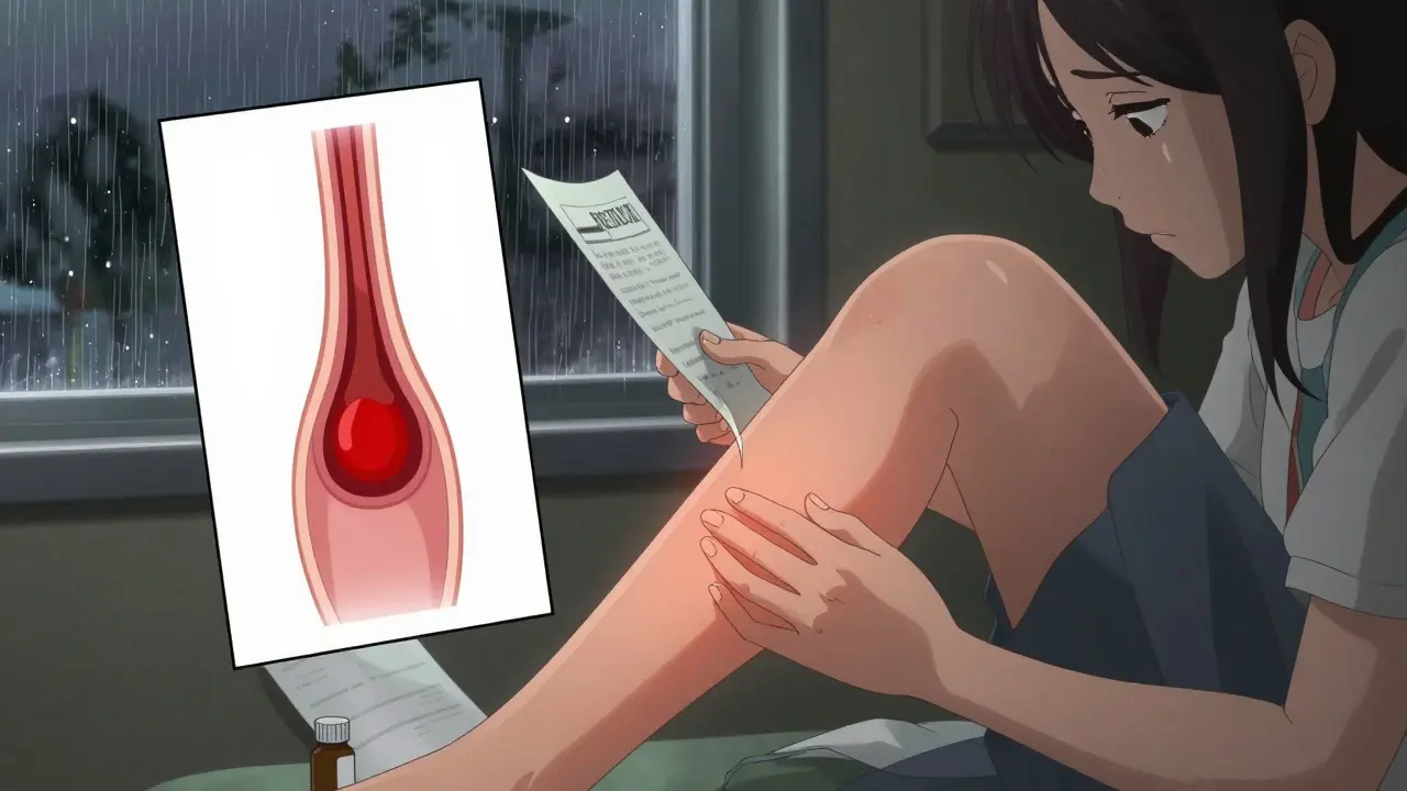 Femme touchant sa jambe enflée avec un schéma médical flottant et une lettre de médecin.