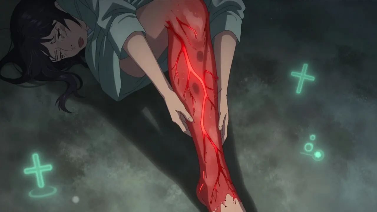 Jambe enflée et rouge, signe de cellulite avec veines lumineuses.