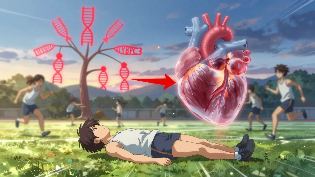 Jeune sportif s’effondrant, avec une superposition transparente de son cœur hypertrophiqué bloquant le flux sanguin.