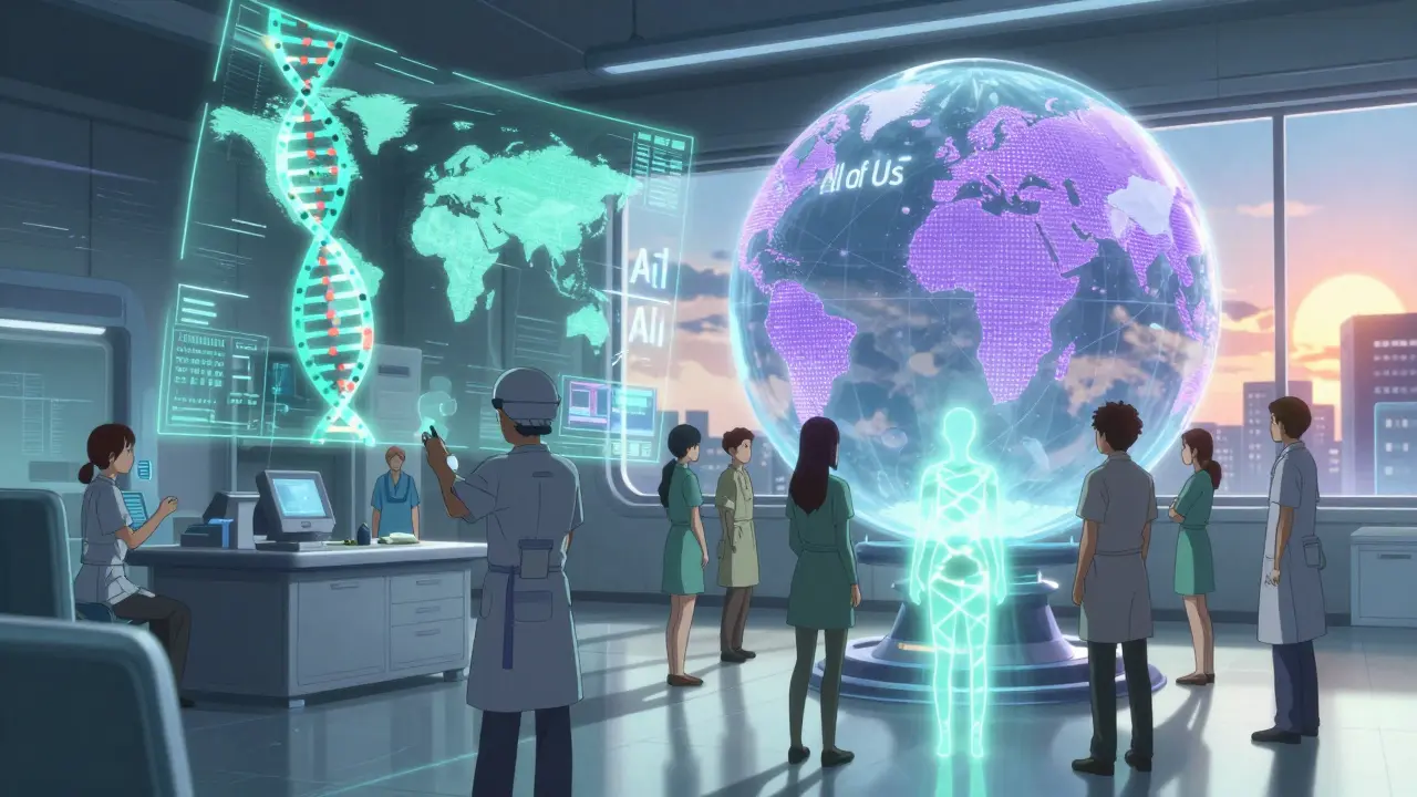 Laboratoire futuriste avec hologrammes ADN et globe mondial des réactions médicamenteuses.