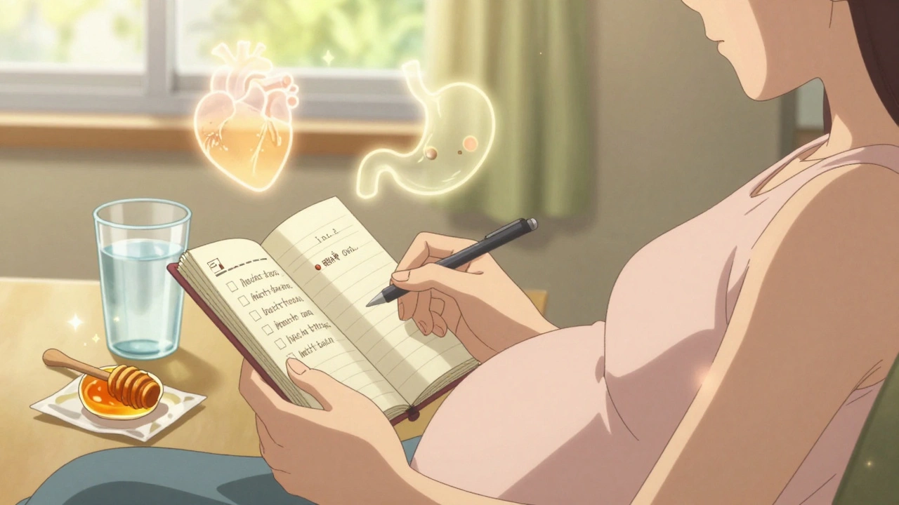 Main tenant un carnet avec des remèdes naturels et des conseils écrits à la main, près d&#039;un verre d&#039;eau et d&#039;une cuillère de miel.