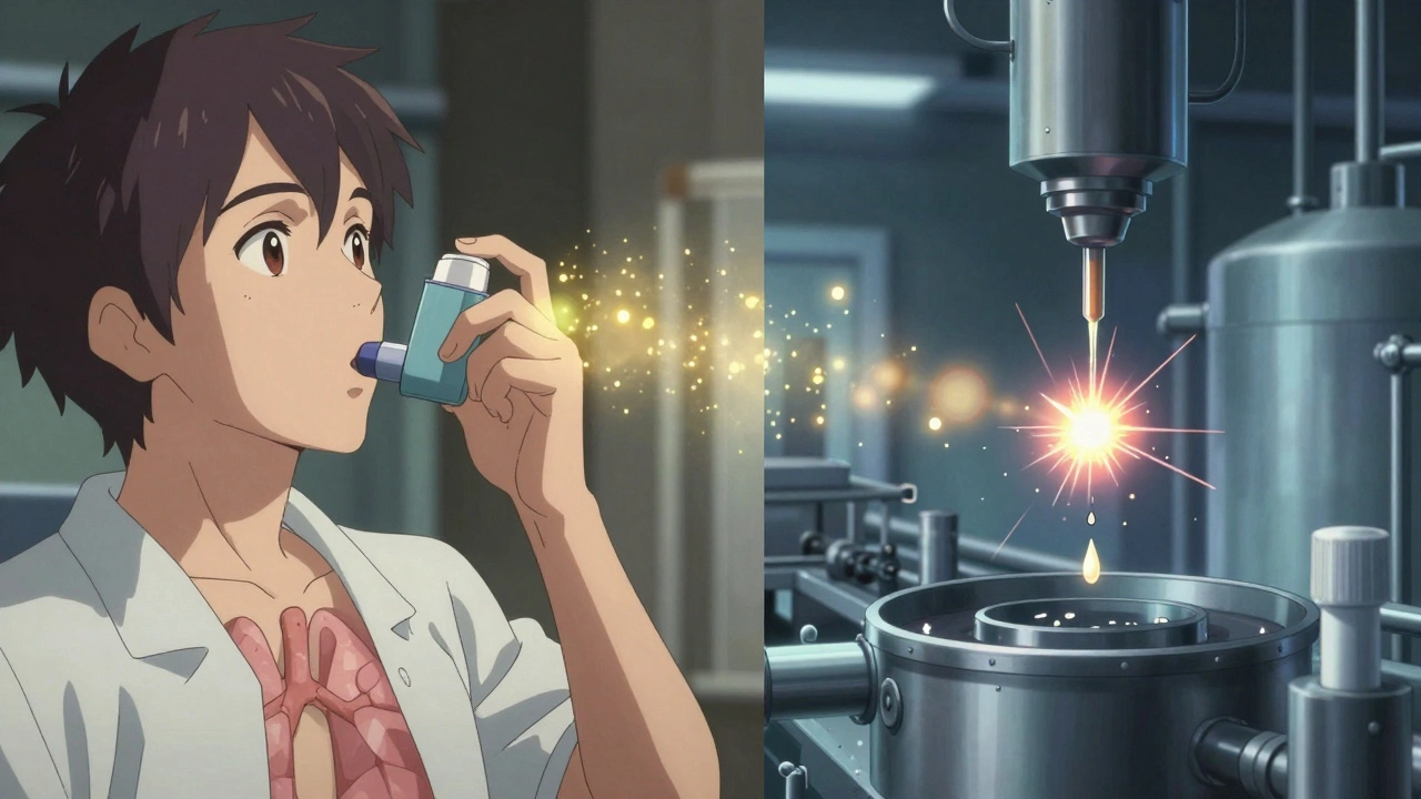 Patient inspirant un inhalateur tandis qu&#039;une ligne de production industrielle montre une particule défectueuse.