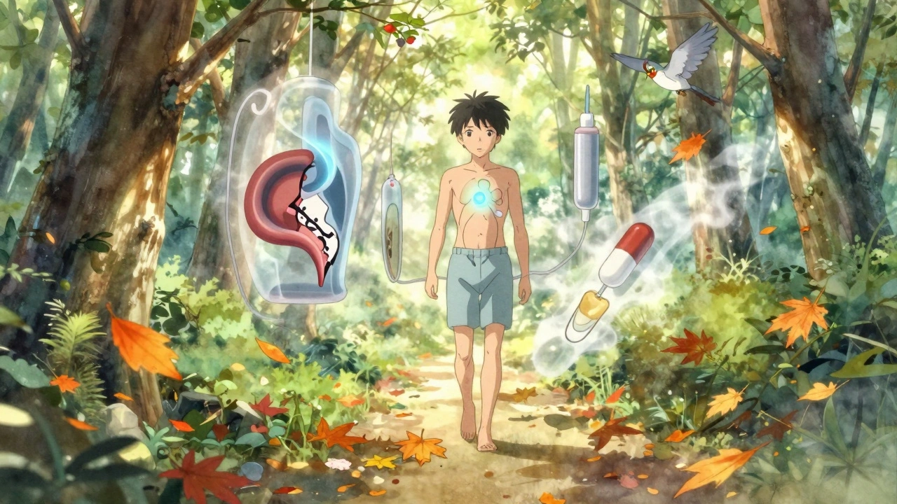 Patient marchant en forêt, sa valve biologique brillant doucement sous la peau, symbole de reprise de vie après chirurgie.