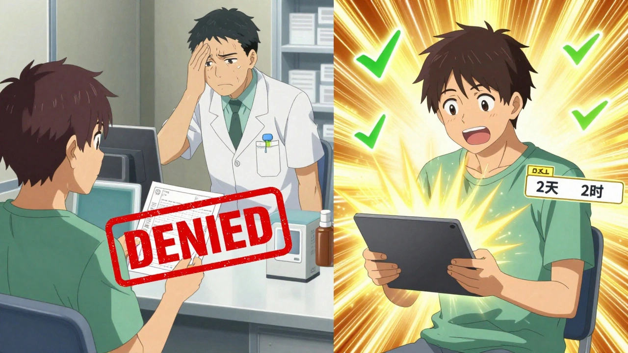 Patient passant de la frustration à la soulagement avec une notification d&#039;approbation médicale.