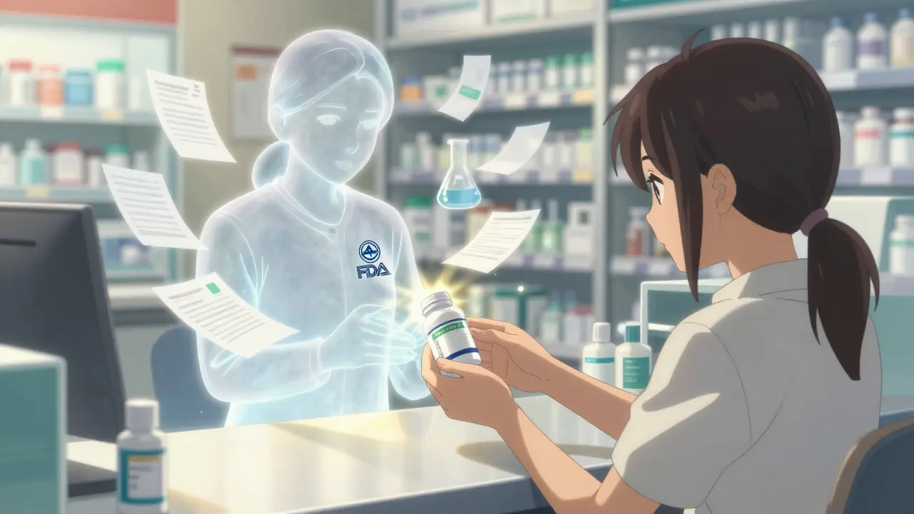 Patient recevant un médicament générique, une aura transparente de contrôle qualité l'entoure symbolisant la confiance.