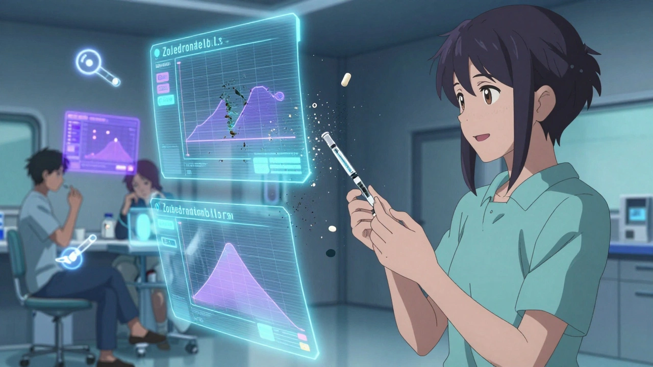 Patient recevant une injection annuelle de zoledronate, les anciens protocoles de comprimés s&#039;effondrent en arrière-plan.