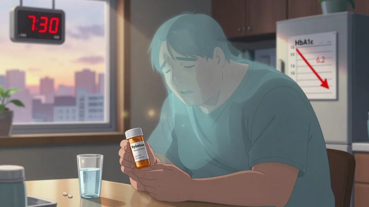Patient regardant une pilule GLP-1, son ancien soi plus lourd disparaissant, avec un tableau de glycémie au mur.