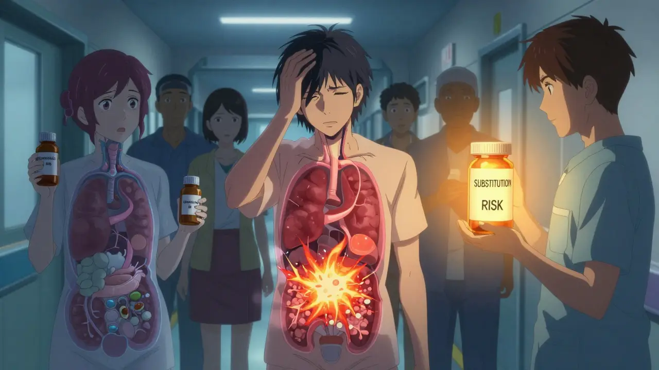 Patients avec des interactions médicamenteuses visibles dans leur corps, un flacon de marque émet une lumière dorée.