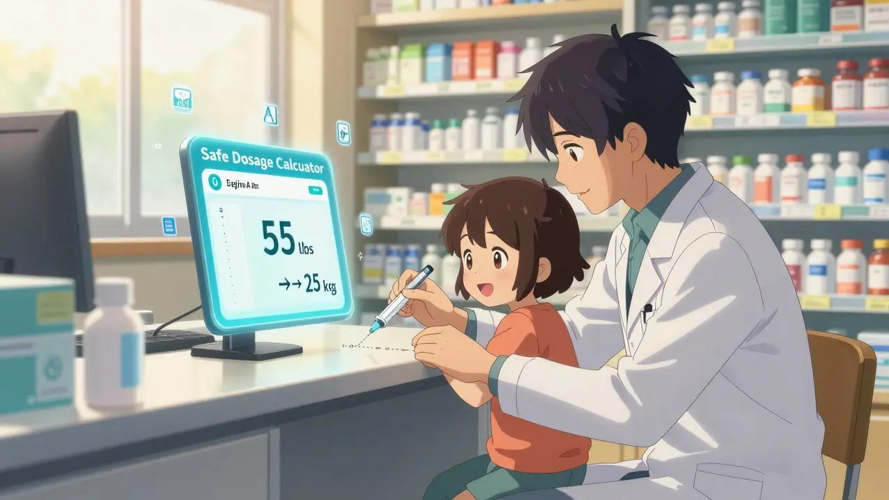 Pharmacien aide une famille à mesurer correctement la dose d'un médicament pour enfant.